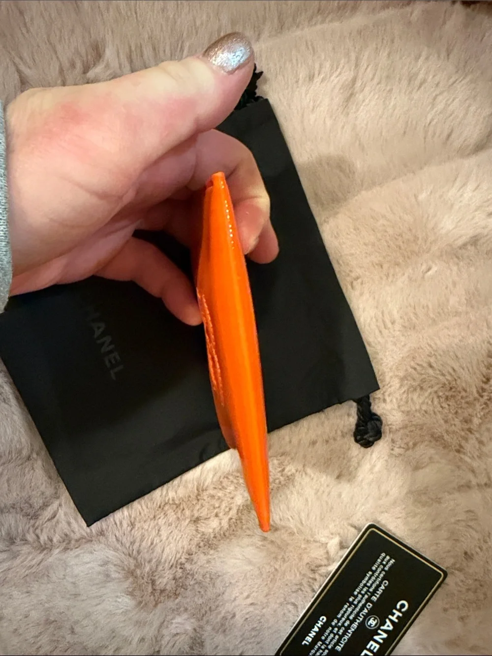 Pristine CHANEL Orange Patent Leather Card Case with Embossed CC and COA